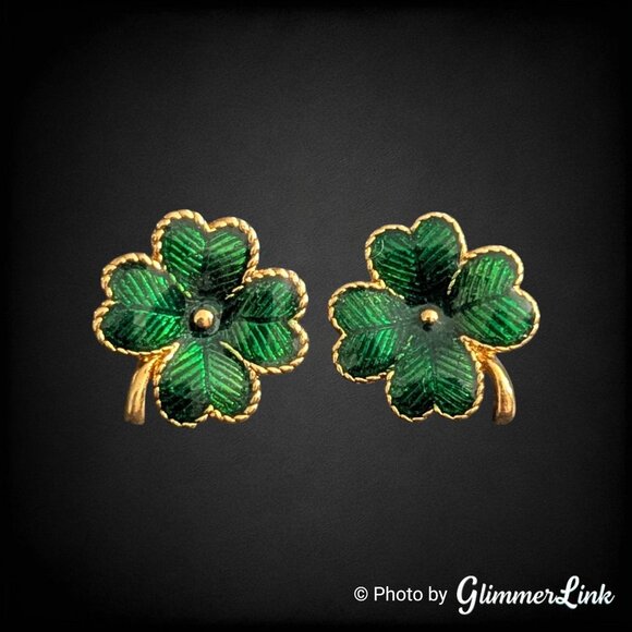 Vintage Avon Lucky Clover Earrings – Green Enamel Four Leaf Shamrock, 1990s - Picture 1 of 6